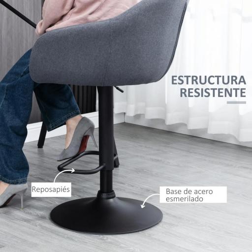 Taburete de Bar Regulable Tapizado de Tela con Reposapiés y Pata de Acero Carga 110 kg 54x54x92-112 cm Gris Oscuro [4]