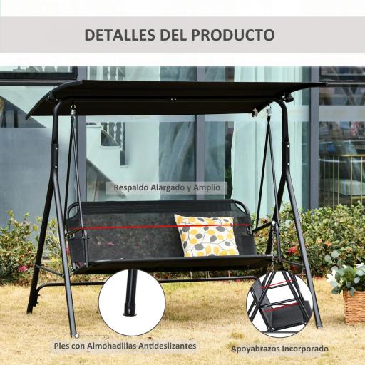 Columpio de Jardín de Exterior de 2 Plazas Silla Balancín con Parasol Techo Ajustable en Ángulo Terraza Balcón Exterior Carga 200 kg 172x110x155 cm Negro [5]