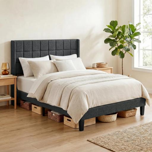 Cama 135x190 cm con Almacenaje Inferior Tapizada y Cabecero Acolchado con Orejas Gris [1]