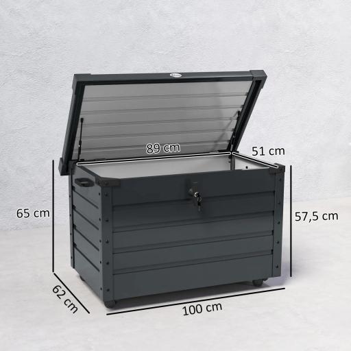 Baúl de Almacenaje Exterior de Acero Galvanizado con 4 Ruedas 2 Asas y Tapa con Cerradura 100x62x65 cm Gris Oscuro [1]