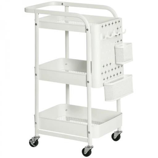 Carrito Auxiliar con Ruedas Carro de Almacenaje Multifuncional con 4 Ganchos y 2 Cestas Colgantes 51,5x32x75,6 cm Blanco [10]