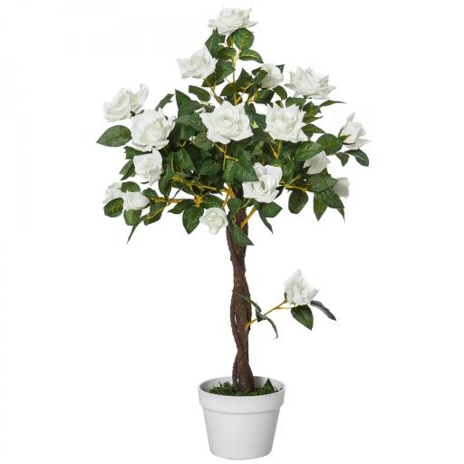 Planta Artificial de 90 cm Rosa Blanca Realista con 21 Flores y 350 Hojas Anti-UV Maceta de Cemento Verde [8]