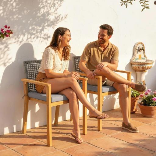 Juego de 2 Sillas de Jardín Exterior de Madera Apilables con Cojines Desmontables Brazos Respaldo 59x55x86 cm Natural