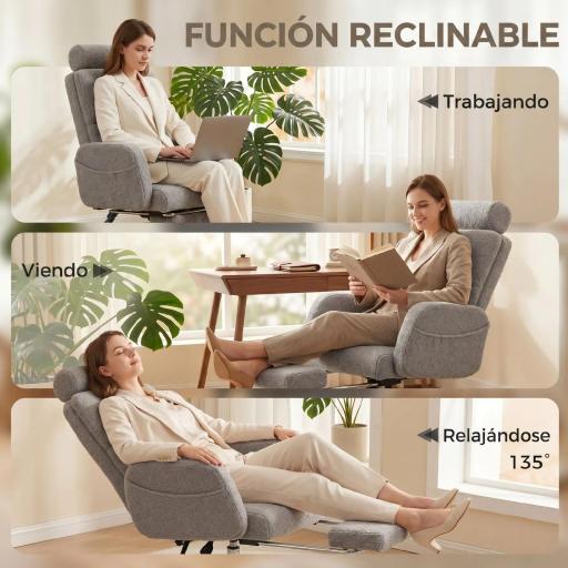 Silla de Escritorio con Reposapiés Tapizada en Borreguito con Respaldo Reclinable Reposacabezas Ajustable Gris Claro [8]