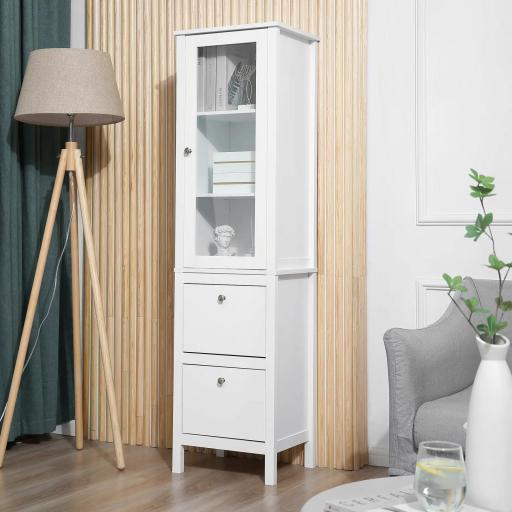 Armario Alto para Baño Mueble Columna de Baño con Puerta de Cristal Estantes Ajustables y 2 Cajones 43x35x160 cm Blanco [8]