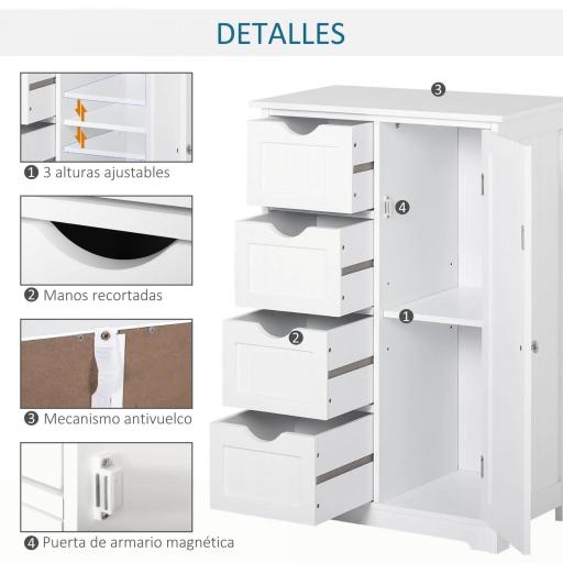 Armario Auxiliar de Baño Mueble para Baño con Puerta 4 Cajones y Estante Ajustable para Cocina Salón 56x30x83 cm Blanco [3]