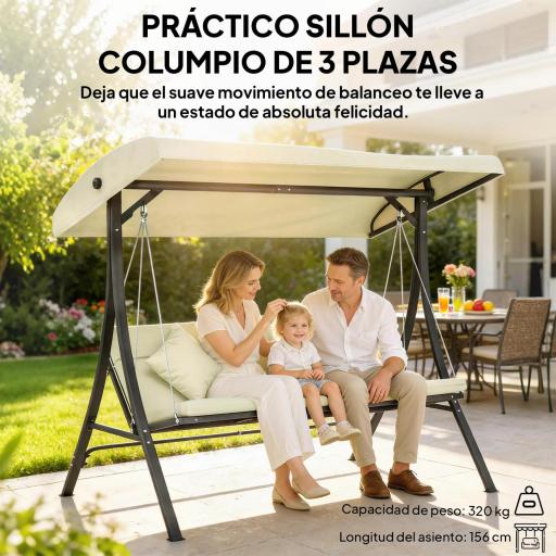 Balancín de Jardín Exterior Columpio de 3 Plazas con Toldo Ajustable y Marco de Acero 202x115x168 cm Beige [2]