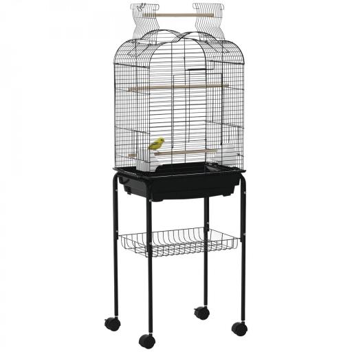 Jaula para Pájaros con Soporte Jaula de Aves Canarios con 4 Ruedas Techo Abrible 2 Comederos 3 Perchas Bandeja Extraíble y Estante Inferior 46x36x130 cm Negro [9]