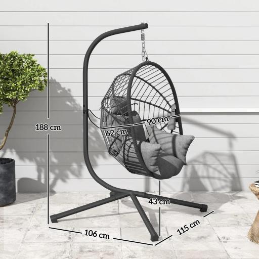 Silla Colgante Huevo con Soporte con Cesta Plegable Cojín y Reposacabezas para Interior y Exterior Carga 120 kg Gris [4]