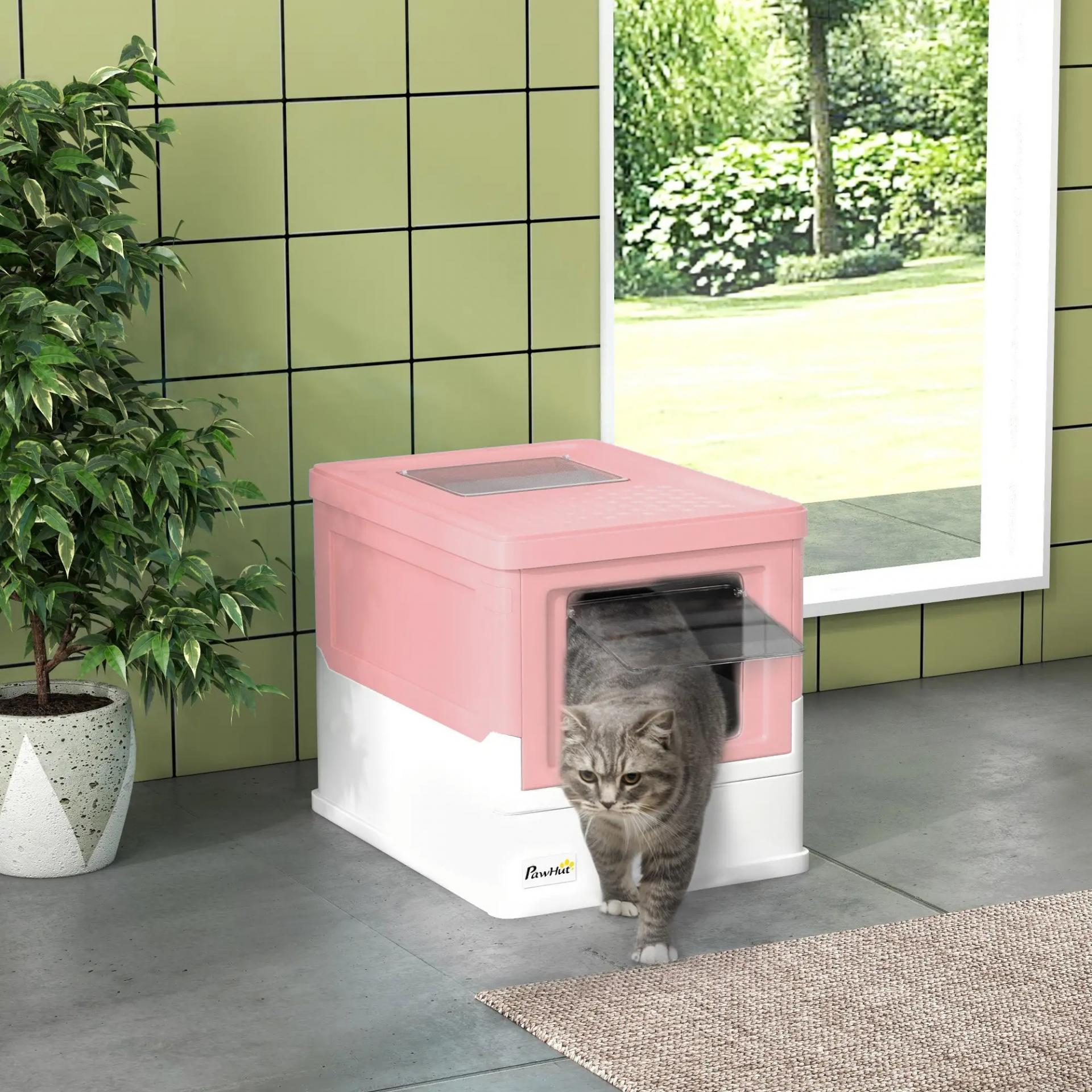 Arenero Cubierto para Gatos Desmontable con Entrada Frontal y Salida Superior con Pala 47,5x35,5x36,7 cm Rosa y Blanco