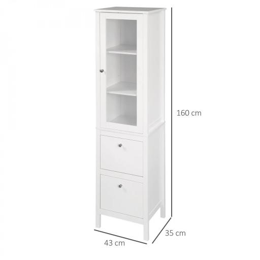 Armario Alto para Baño Mueble Columna de Baño con Puerta de Cristal Estantes Ajustables y 2 Cajones 43x35x160 cm Blanco [1]