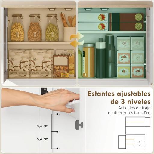 Alacena de Cocina con 3 Puertas 2 Cajones 3 Estantes en la Puerta 8 Ganchos Encimera Amplia Blanco [4]
