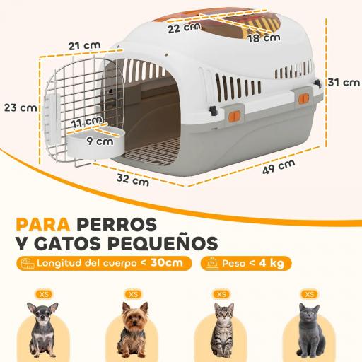 Transportín para Gatos Perros Pequeños de Plástico Carga 4 kg con Claraboya Cuenco Puerta de Acero Gris Claro [5]