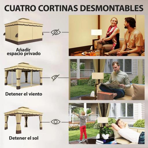 Cenador de Jardín 3,7x3 m con Doble Techo 4 Cortinas y Mosquitera Marco de Acero Orificios de Drenaje UV30+ Beige [7]