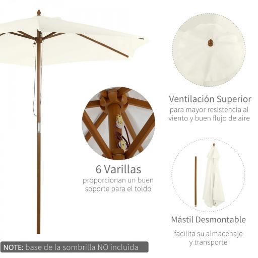 Sombrilla Parasol de Madera Ø250x230cm para Exterior con 6 Varillas Sistema de Polea Color Blanco [7]