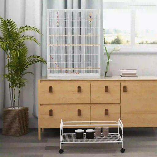 Jaula para Pájaros con Ruedas Bandeja Extraíble Puertas Comederos Perchas y Estante Inferior 79x49x133 cm Blanco [1]