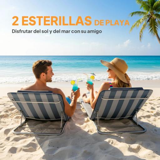 Conjunto de 2 Esterillas con Respaldo Reclinable Reposacabezas y Bolsa de Transporte 134x48x33-43 cm Blanco y Azul [5]