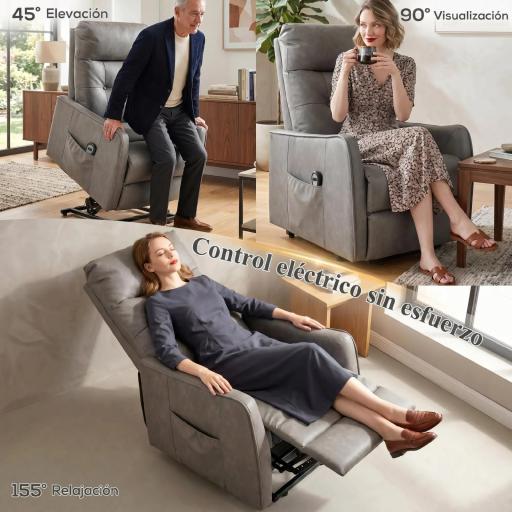 Sillón Relax Reclinable Eléctrico Levanta Personas de Cuero PU Control Remoto Asiento con Resorte Reposapiés Gris [6]