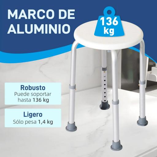 Taburete de Ducha de Aluminio con Altura Regulable Antideslizante Carga 136 kg para Ancianos y Discapacitados [2]
