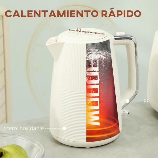 Juego de Hervidor de Agua Eléctrico 2200W 1,7L y Tostador Pan Ranura Ancha para 2 Rebanadas 3 Funciones Crema [6]