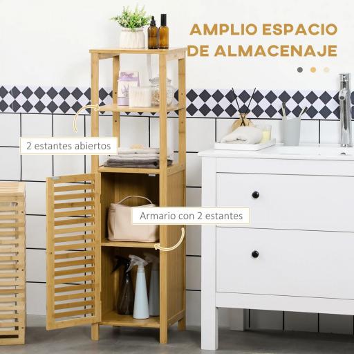 Armario Auxiliar de Baño de Bambú Estantería de Baño con 2 Estantes Abiertos y Puerta de Rejilla 32,9x29,9x120cm Natural [2]