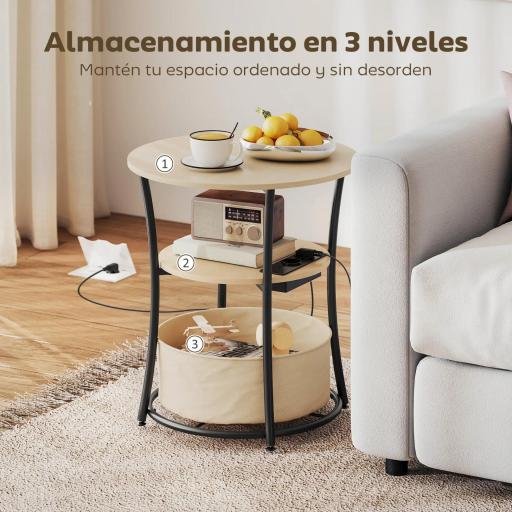 Mesa Auxiliar Redonda de 3 Niveles con Estación de Carga 3 Estantes y Bolsa para Salón Dormitorio Ø50x55,1 cm Natural [3]