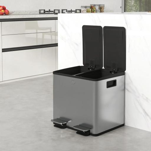 Papelera de Cocina de Acero Inoxidable con 2 Compartimentos 2x15L Pedales Tapas de Cierre Suave y Cubo Extraíble Plata [8]