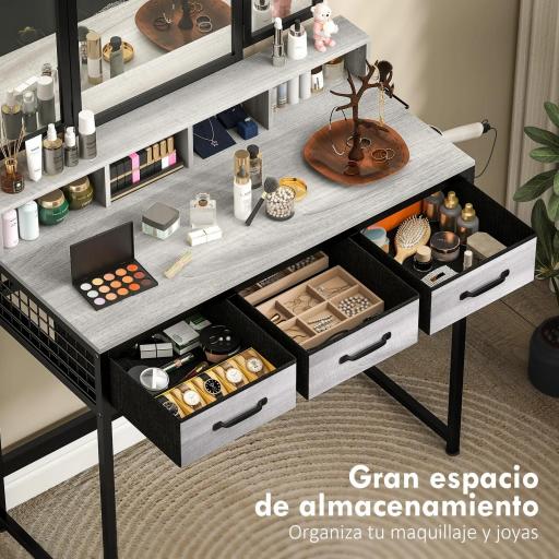 Tocador de Maquillaje con Espejo Tríptico Desmontable Taburete 3 Cajones de Tela Soporte para Secador de Pelo Gris [6]