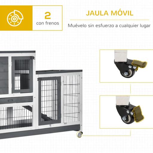 Conejera de Madera con Ruedas para Interior Jaula de 2 Pisos con Rampa y 2 Bandejas Extraíbles 110x50x88cm Gris [2]