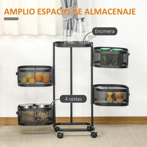 Carrito Auxiliar con Ruedas de 5 Niveles con 4 Cestas de Almacenamiento Giratorias 270° y Bandeja 33x33x77 cm Negro [3]