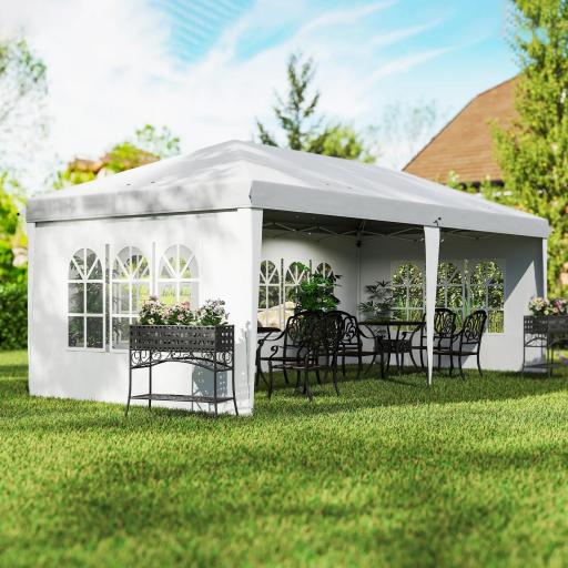 Carpa Plegable 6x3 m con 4 Laterales Desmontables Cenador de Jardín con 4 Ventanas Visibles y Bolsa de Transporte Blanco