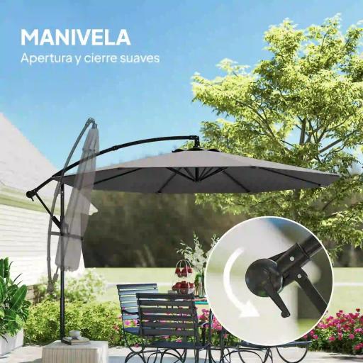 Parasol Excéntrico Ø300 cm con Base Cruzada Toldo Ajustable y Manivela UPF30+ para Terraza Patio Gris [5]