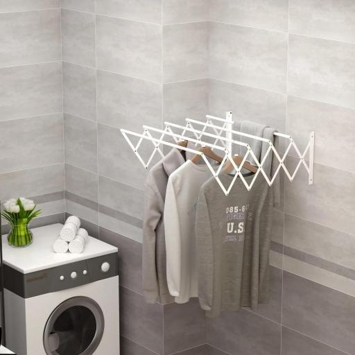 Tendedero de Pared Extensible de 63,5 cm Tendedero de Ropa de Metal con 5 Barras para Interior y Exterior Baño Balcón Carga 10 kg 63,5x60x20 cm Blanco