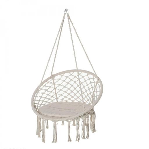 Silla Colgante Redondo de Ø60 cm Silla Hamaca Columpio con Cojín y Cuerda de Algodón para Interior y Exterior Carga 120 kg 80x80x42 cm Beige [8]