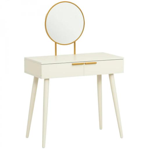 Tocador con Espejo Redondo Mesa de Maquillaje con 2 Cajones Estilo Moderno para Dormitorio Vestuario 80x40x123 cm Blanco [9]