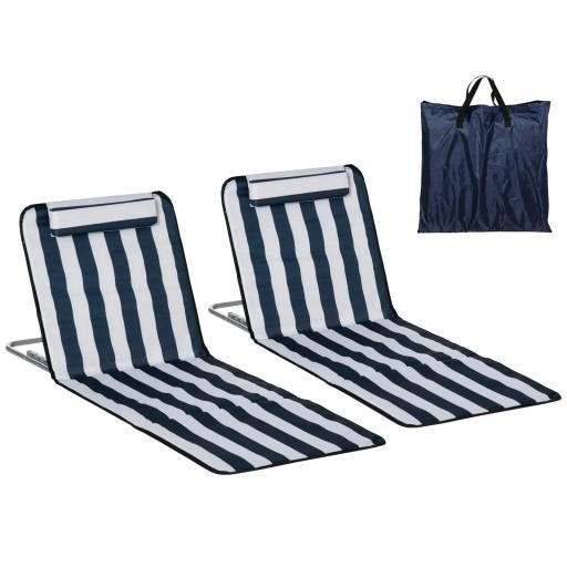 Conjunto de 2 Esterillas con Respaldo Reclinable Reposacabezas y Bolsa de Transporte 134x48x33-43 cm Blanco y Azul [6]