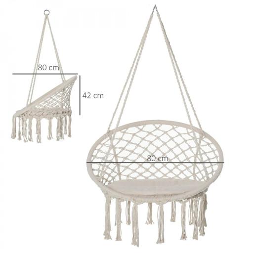 Silla Colgante Redondo de Ø60 cm Silla Hamaca Columpio con Cojín y Cuerda de Algodón para Interior y Exterior Carga 120 kg 80x80x42 cm Beige [1]
