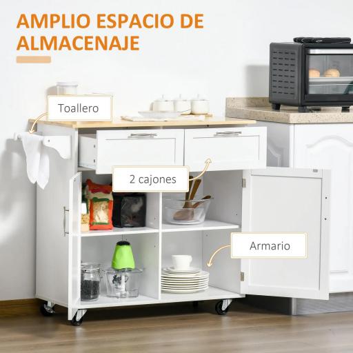 Mueble Auxiliar de Cocina con Ruedas 2 Cajones 2 Puertas Estante Ajustable y Toallero 104x46x91 cm Blanco [7]