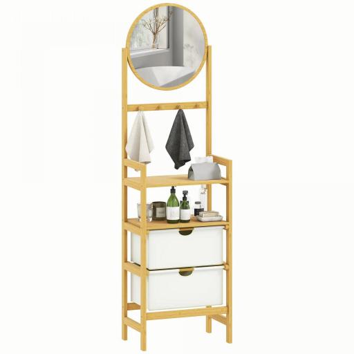 Estantería de Baño de Bambú con Espejo con 4 Ganchos 2 Estantes Abiertos y 2 Cajones de Tela 48,5x30x170 cm Natural [5]
