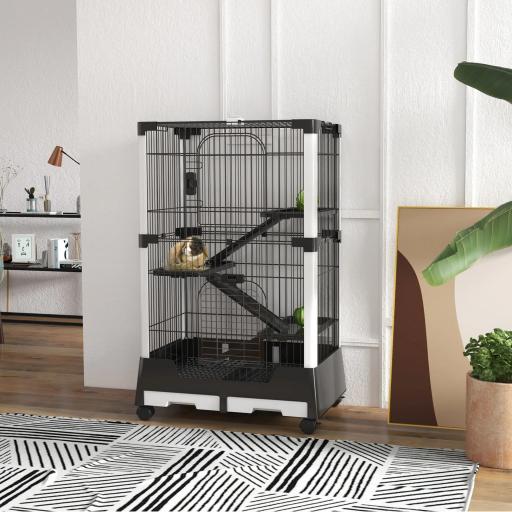 Jaula para Animales Pequeños con Ruedas 114x75x50 cm Valla para Mascotas con 3 Plataformas 3 Rampas Bandejas Extraíbles