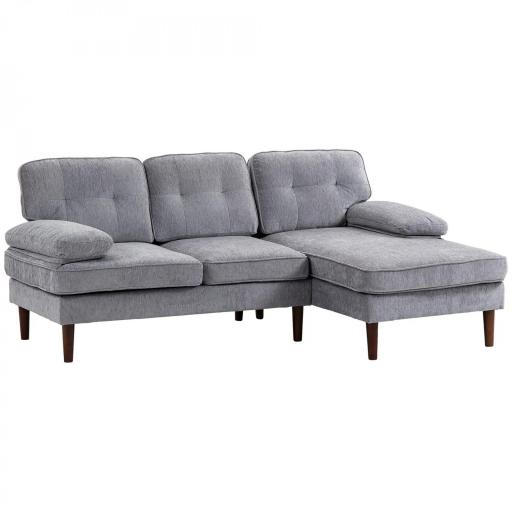 Sofá Esquinero de 3 Plazas Tapizado en Chenilla en Forma de L con Patas de Madera y Reposabrazos 215x142x88 cm Gris [9]