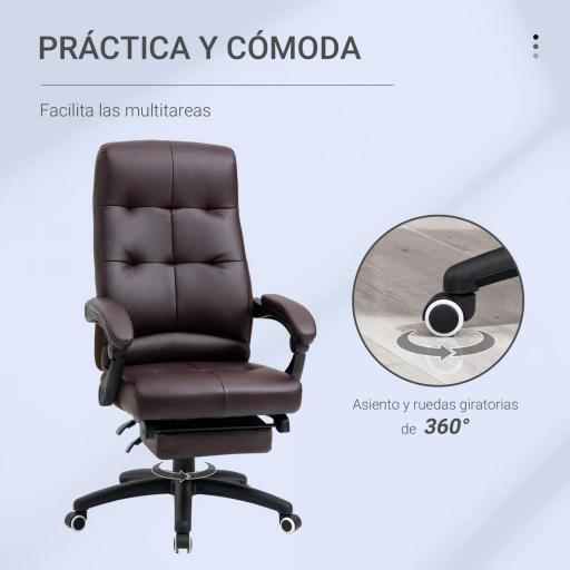Silla de Oficina Giratoria Silla de Escritorio Reclinable Silla de Estudio Tapizada de PU con Altura Ajustable Reposabrazos Reposapiés 65x65x118-125 cm Marrón [3]
