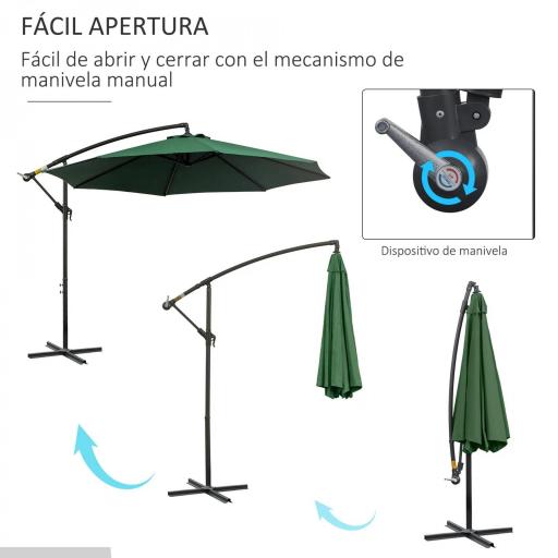 Sombrilla de Jardín Ø300x250 cm Parasol Excéntrico Inclinable con Manivela Base Cruzada y Soporte de Acero Verde [3]