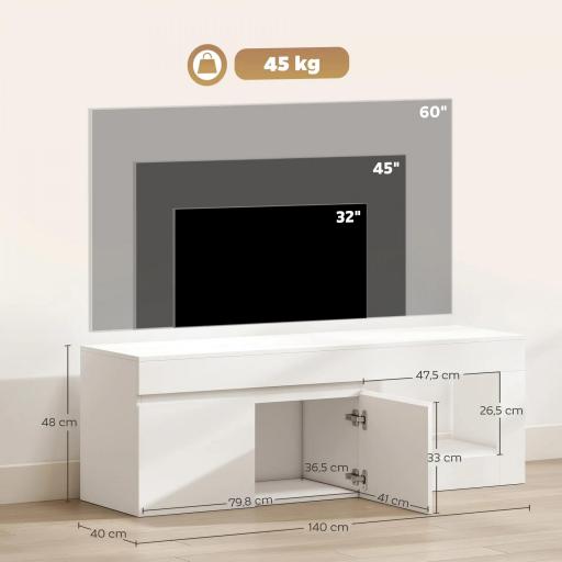 Mueble de TV Moderno para Salón con 2 Puertas Estante Abierto para Televisión 60 Pulgadas 140x40x48 cm Blanco [1]