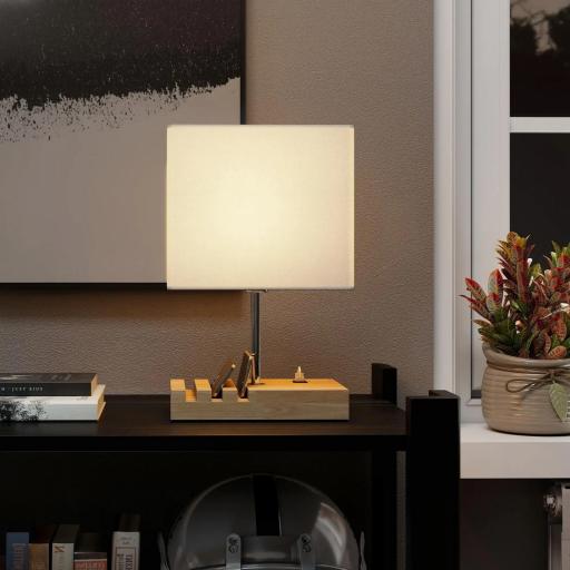 Lámpara de Mesa con Puertos USB-A/C Tres Ranuras para Teléfonos Base de Madera y Pantalla de Tela Blanco [4]