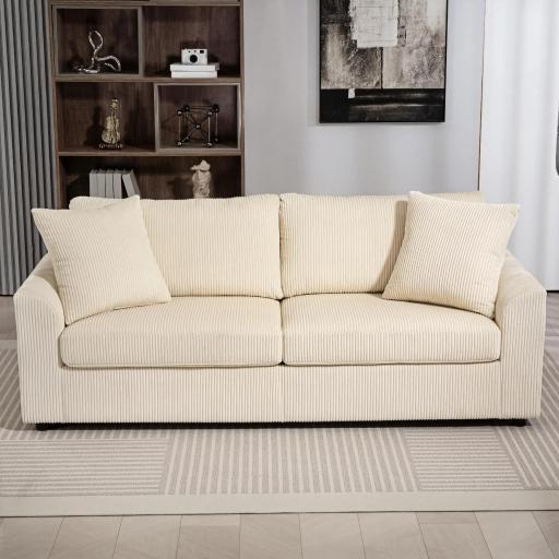 Sofá de 3 Plazas Tapizado en Pana con 2 Almohadas Reposabrazos y Cojín de Muelles para Salón 212x80x88 cm Crema [4]