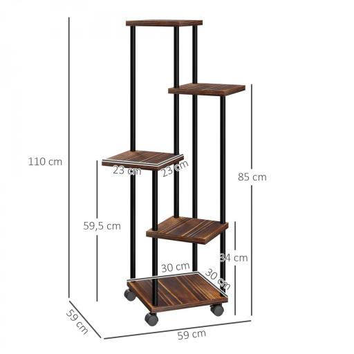 Soporte para Plantas de Madera y Acero de 3 Niveles con 5 Estantes Cuadradas y 4 Ruedas 59x59x110 cm Carbonizado [1]