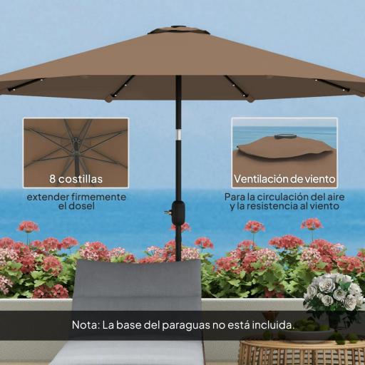 Sombrilla de Jardín Ø265 cm con 32 Luces LED Solares Manivela y Poste de Acero para Patio Terraza Caqui [6]