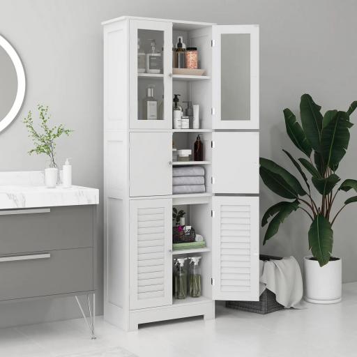 Mueble Auxiliar de Baño con 6 Puertas Estantes Ajustables Antivuelco Armario de Baño Moderno 60x30x170,5 cm Blanco