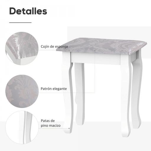 Tocador + Taburete y Espejo Mesa Maquillaje 5 Cajones Blanco Negro Mesa MDF (Blanco) [5]